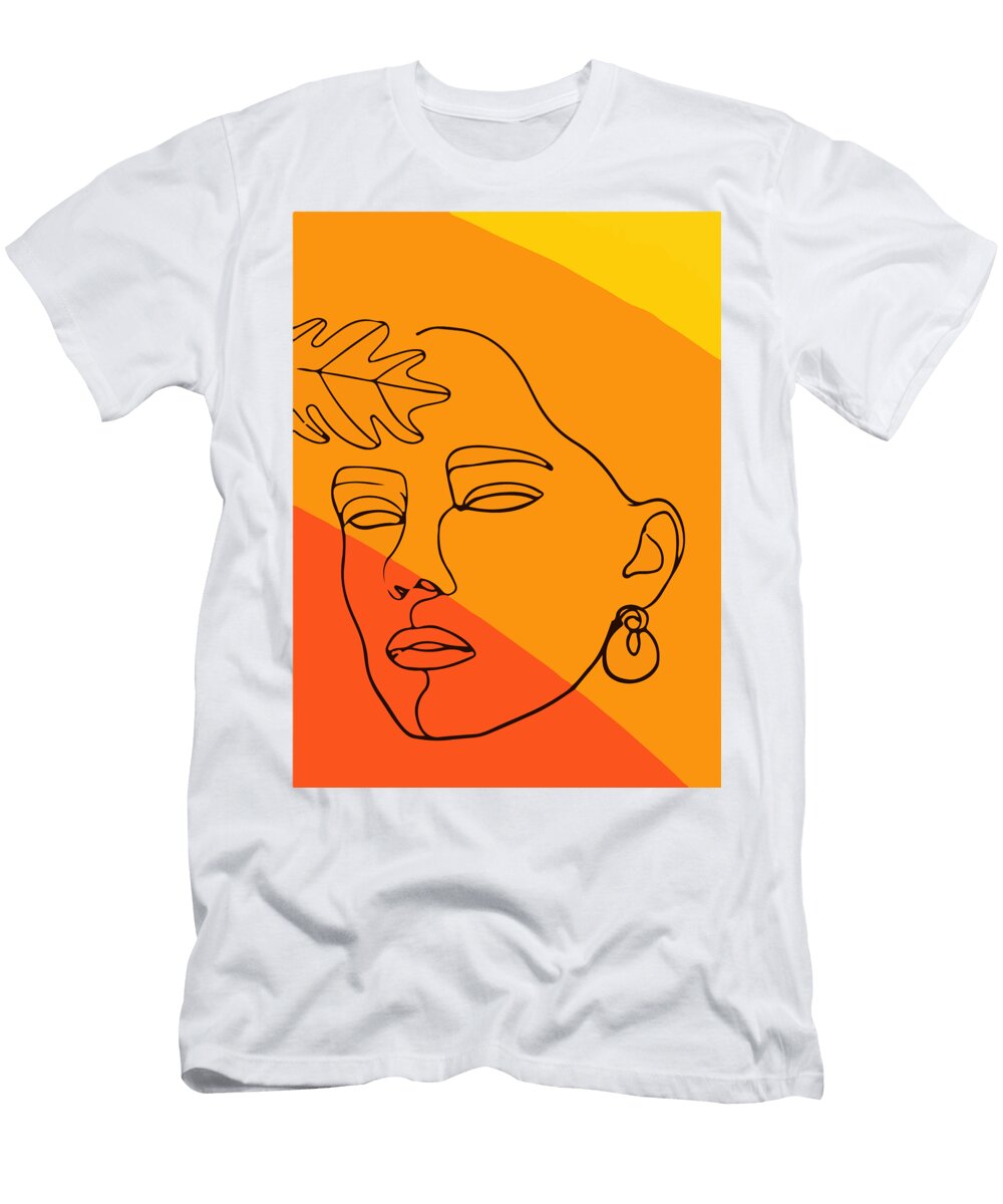 1 Hand Drawn Face and Leaf Abstract Minimalistic Linear Sketch Woman Face with Monstera Leaf Lineart Mounir Khalfouf T-Shirt