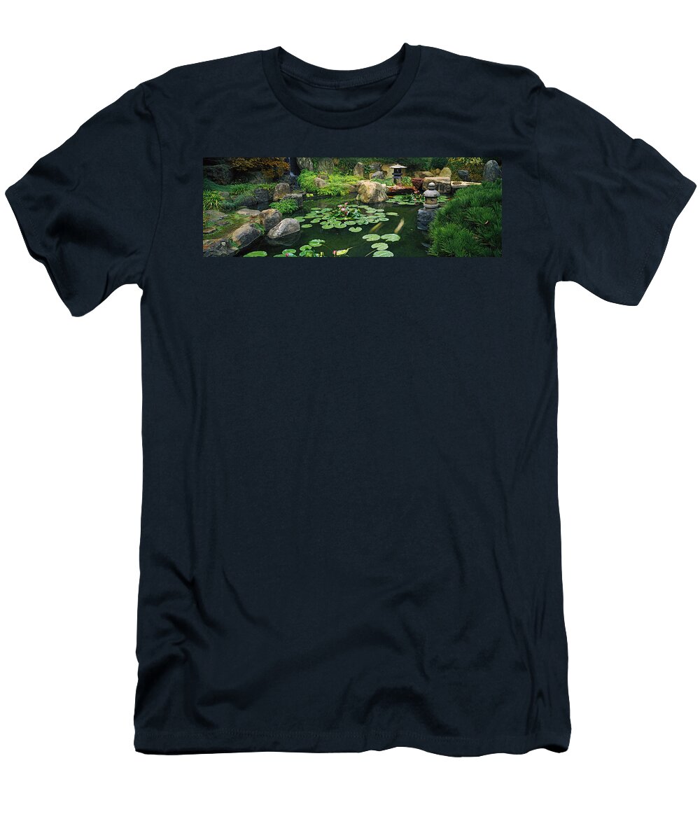1 Lilies in a Pond At Japanese Garden Panoramic Images T-Shirt