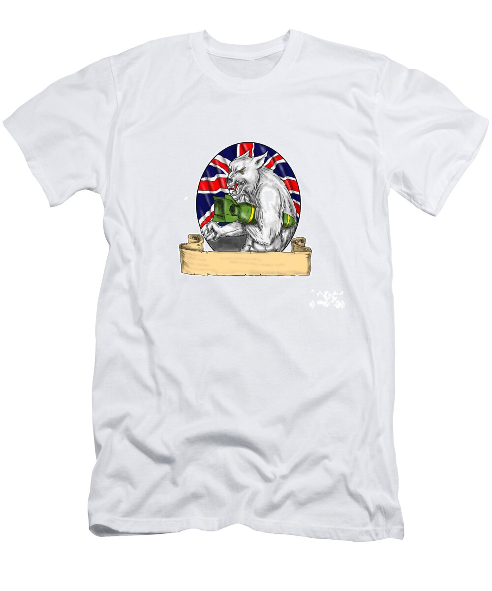 1 White Wolf Holding Bomb British Flag Tattoo Aloysius Patrimonio T-Shirt