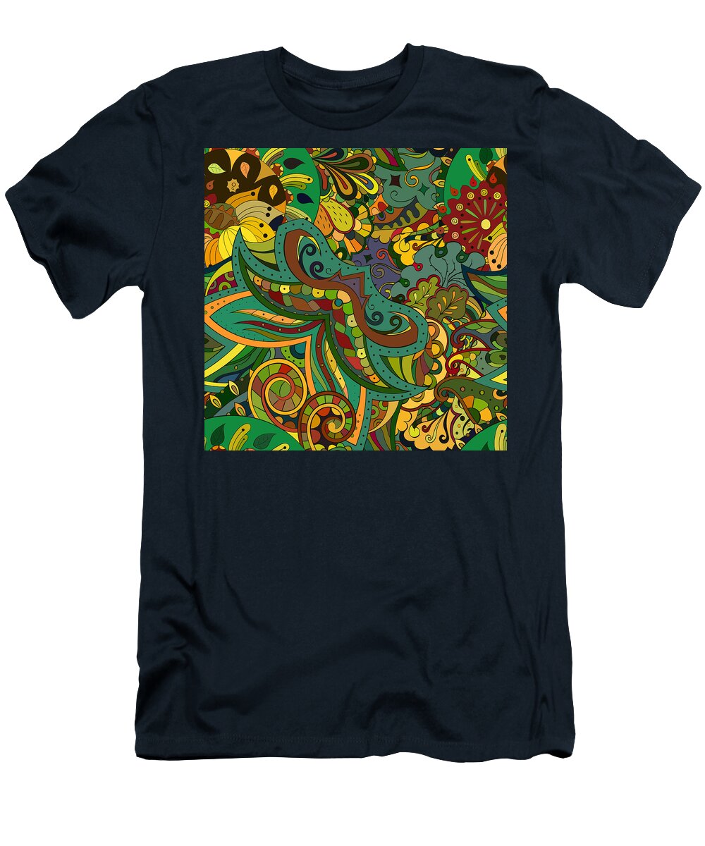 11 Tracery Seamless Pattern Mehndi Design Ethnic Colorful Doodle Texture Curved Doodling Background Denis Shlykov T-Shirt