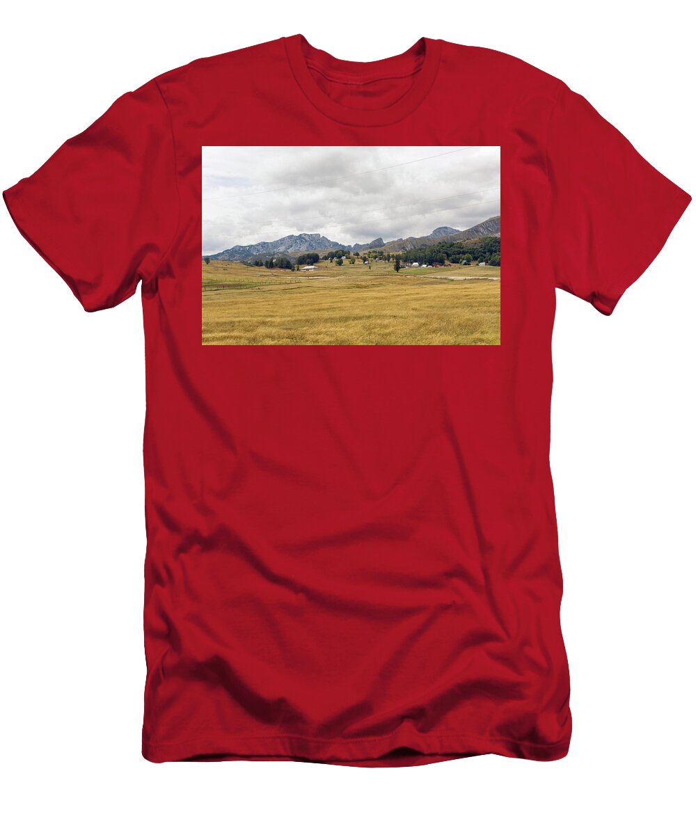 2 Autumn Field with Yellow Grass and Mountains Elena Saulich T-Shirt