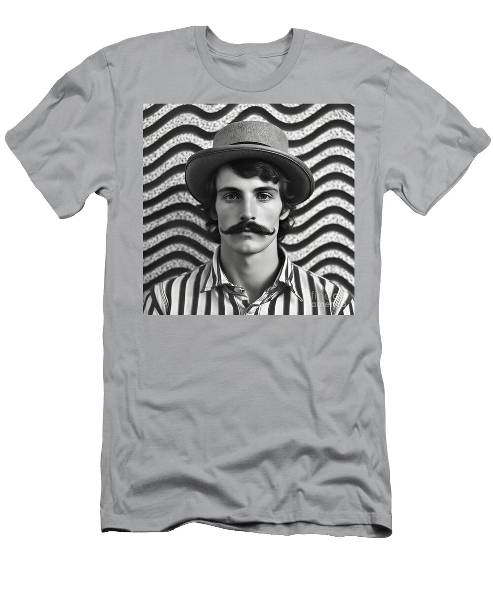 A Black and White Image of a Man with a Moustac Bb Ff B Ad Artistic Rifki T-Shirt