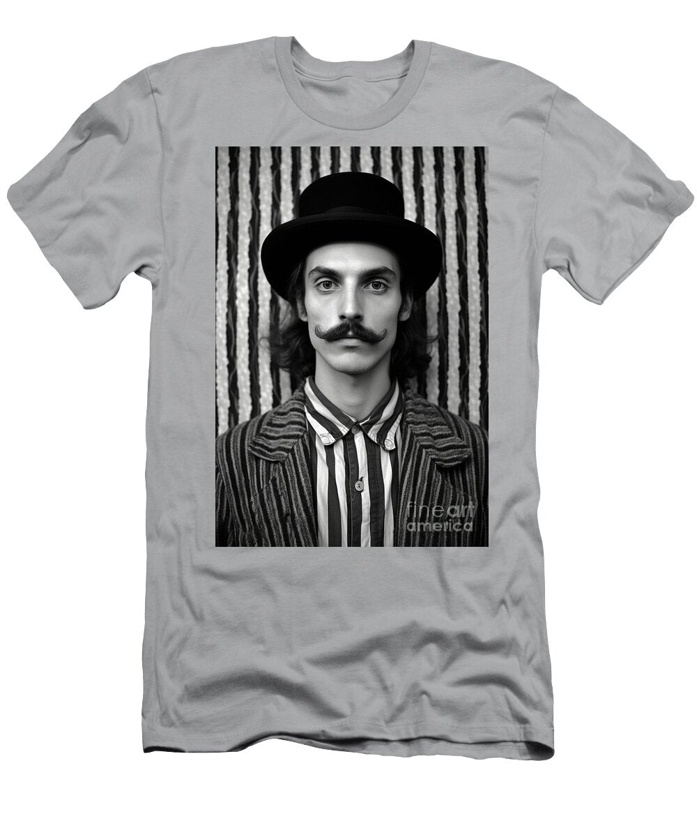A Black and White Image of a Man with a Moustac Be Cd Cc Dd Db Artistic Rifki T-Shirt