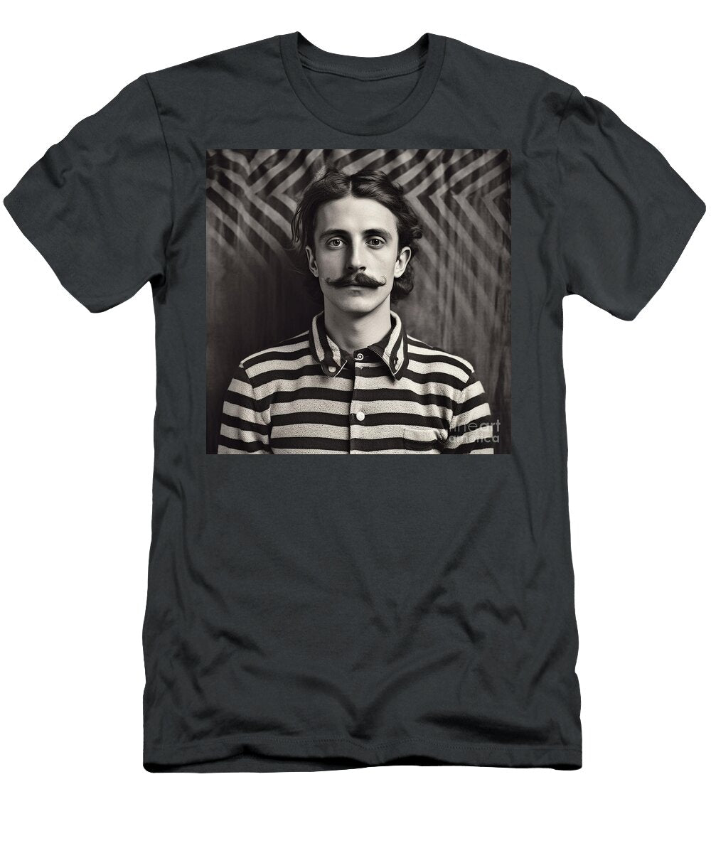 A Black and White Image of a Man with a Moustac Eeddb Facb B Bac Ebf Artistic Rifki T-Shirt