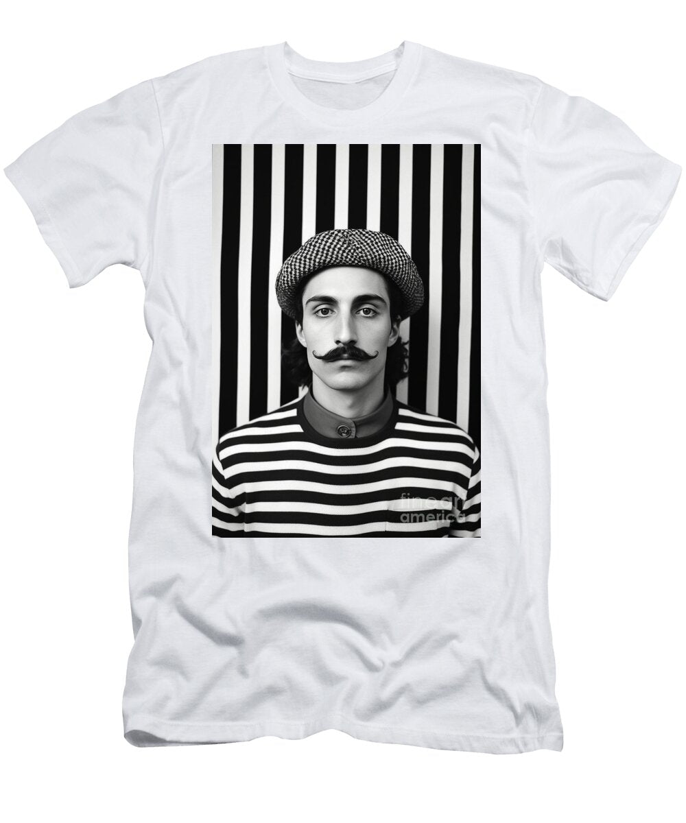 A Black and White Image of a Man with a Moustac Fece DC E Bbd Ceadb Artistic Rifki T-Shirt