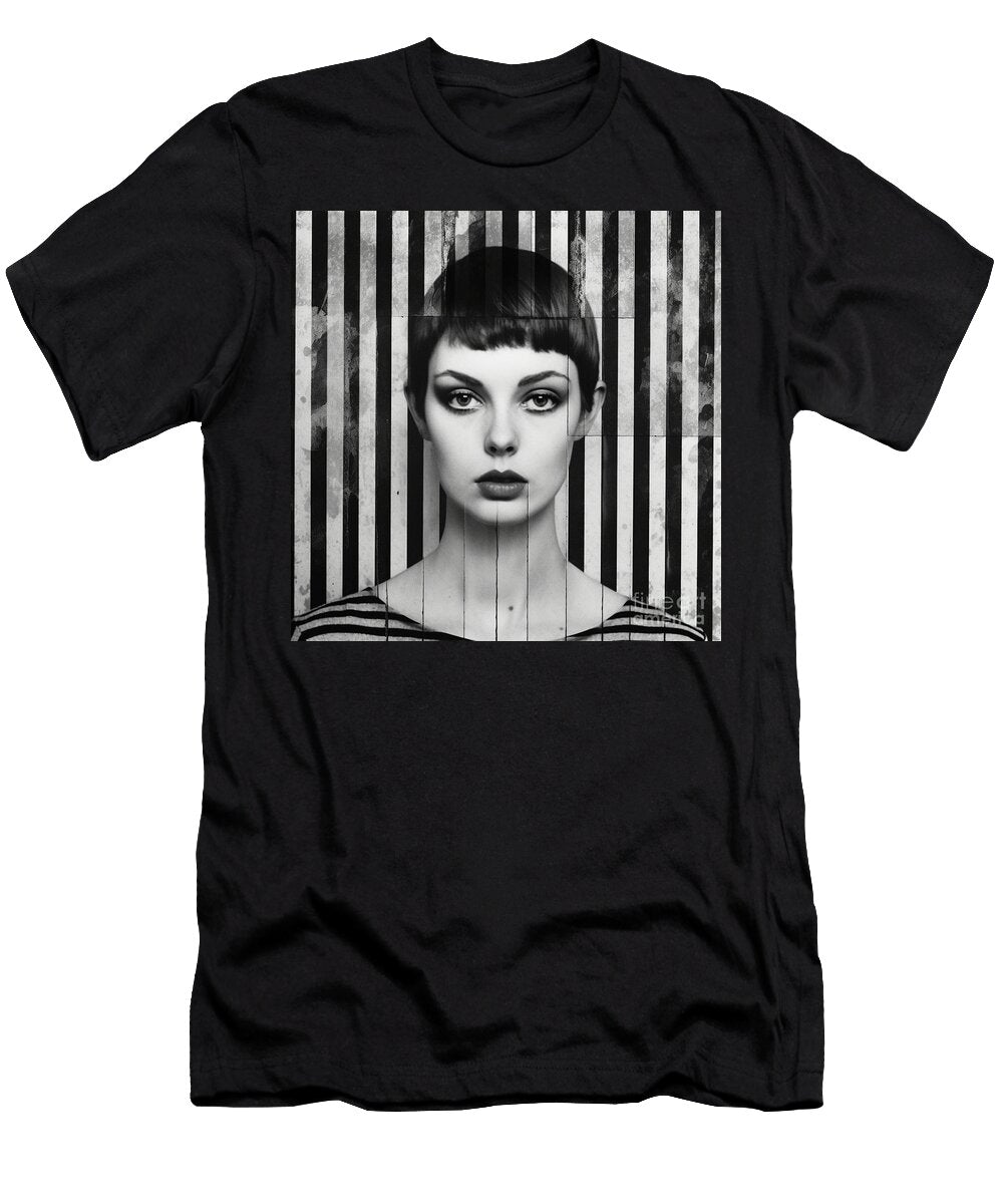 A Black and White Image of a Woman in the Styl Ca Efa Bb Acc Dfff Artistic Rifki T-Shirt