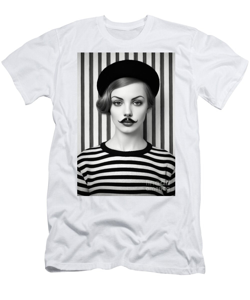 A Black and White Image of a Woman with a Moust Af Bb D Ad Decfd Artistic Rifki T-Shirt