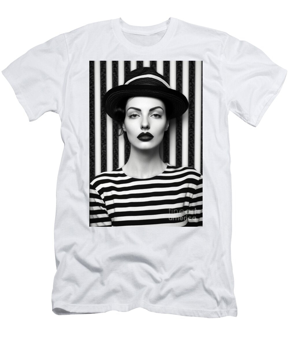 A Black and White Image of a Woman with a Moust Ff Eed C Cfbcd Artistic Rifki T-Shirt