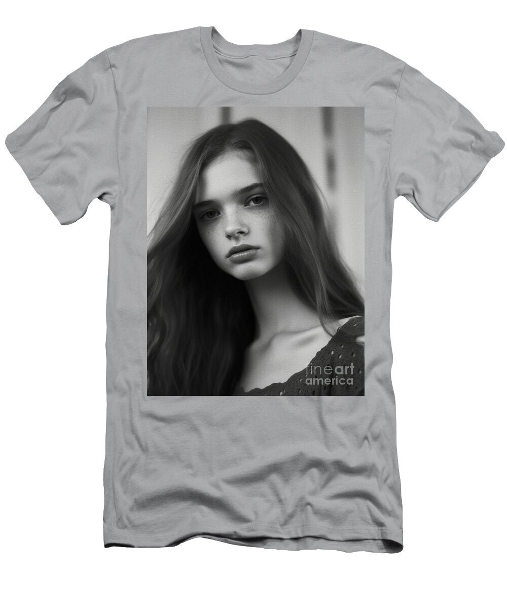 A Black and White Photo of a Woman with Long Ha Aa Fbe Cffde Artistic Rifki T-Shirt