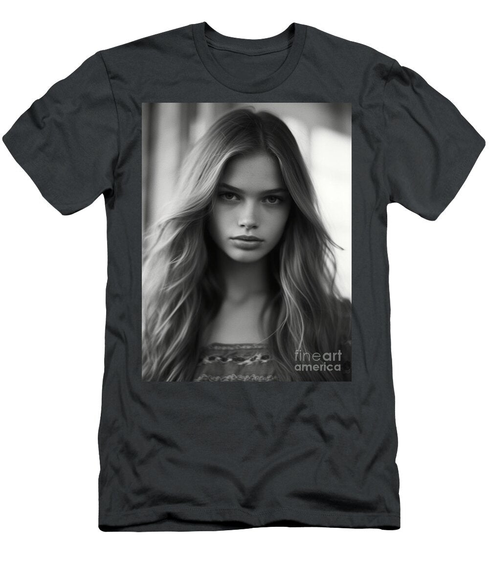 A Black and White Photo of a Woman with Long Ha Bbac Daac Bc Fa Defbc Artistic Rifki T-Shirt