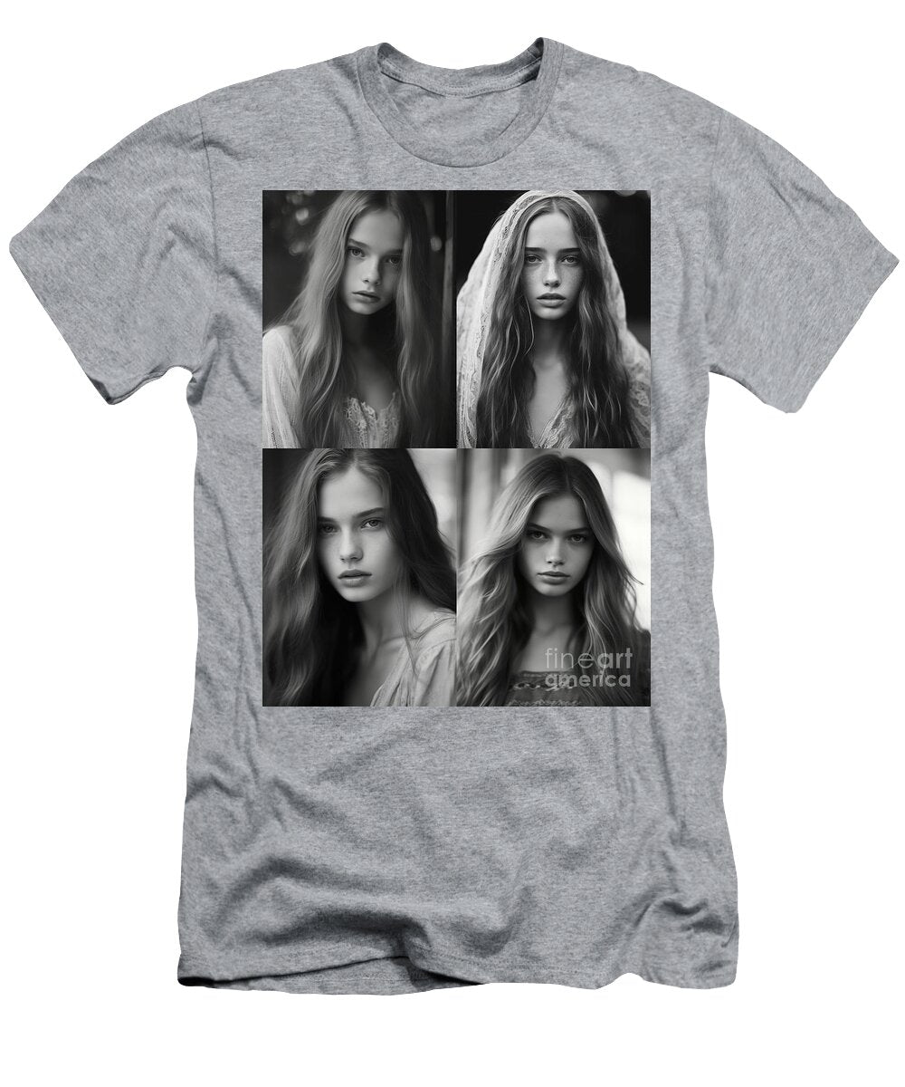 A Black and White Photo of a Woman with Long Ha Bca C E Cebb Artistic Rifki T-Shirt