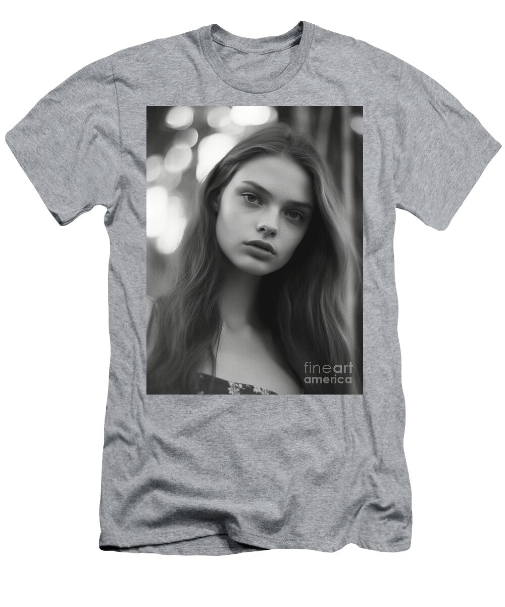 A Black and White Photo of a Woman with Long Ha Bcff Cdec a B Dadae Artistic Rifki T-Shirt