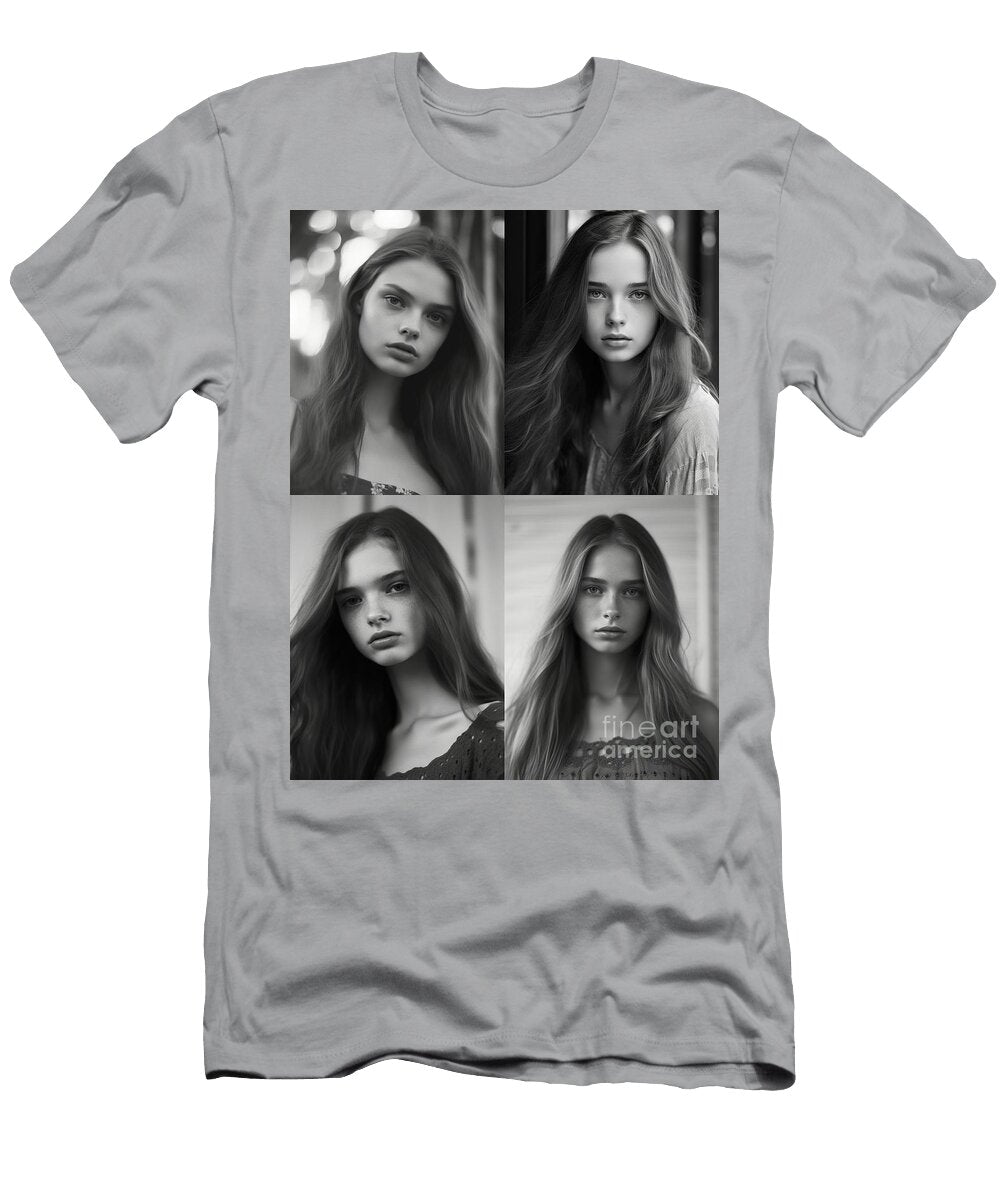 A Black and White Photo of a Woman with Long Ha C Ffc C a Feab Artistic Rifki T-Shirt