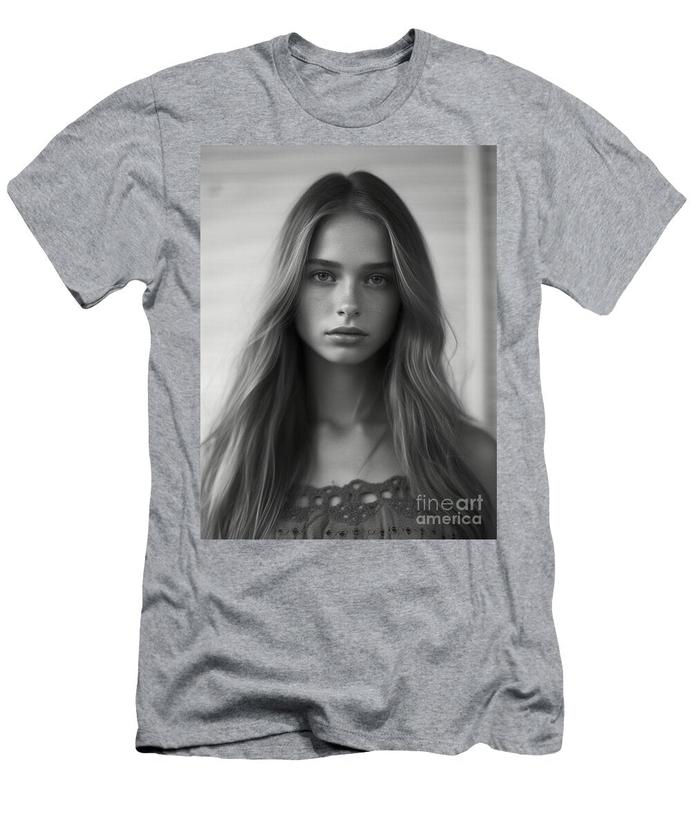 A Black and White Photo of a Woman with Long Ha Cc Bef Fbba Artistic Rifki T-Shirt