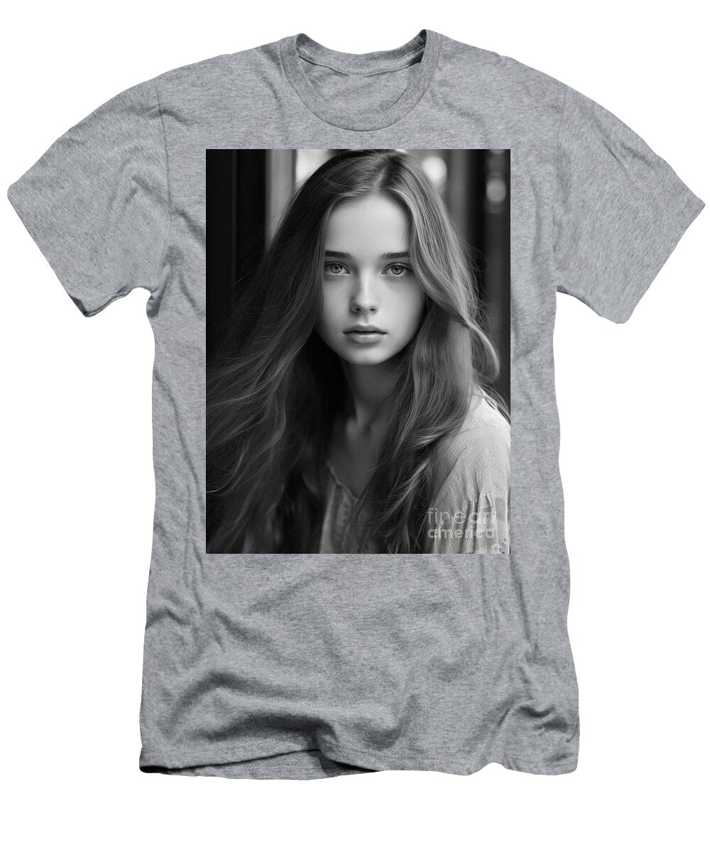 A Black and White Photo of a Woman with Long Ha Cdaf Eb Ff Ba Bdf Artistic Rifki T-Shirt