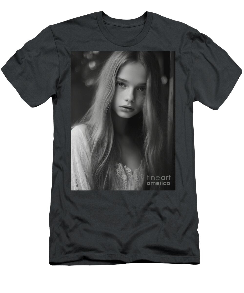 A Black and White Photo of a Woman with Long Ha Ec B Ad Dbeecf Artistic Rifki T-Shirt