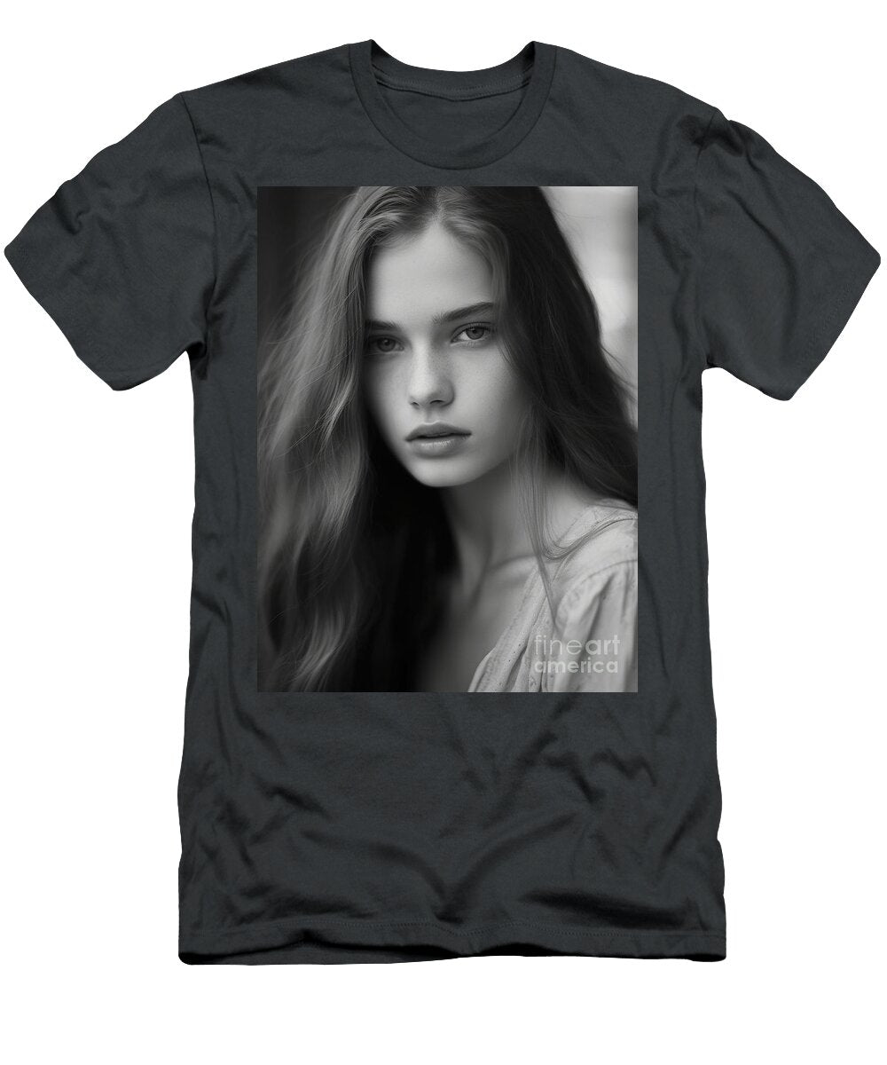A Black and White Photo of a Woman with Long Ha Eeabaf B Ba Ab Feb Artistic Rifki T-Shirt