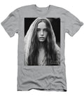 A Black and White Photo of a Woman with Long Ha Fa a Ab Abca Artistic Rifki T-Shirt