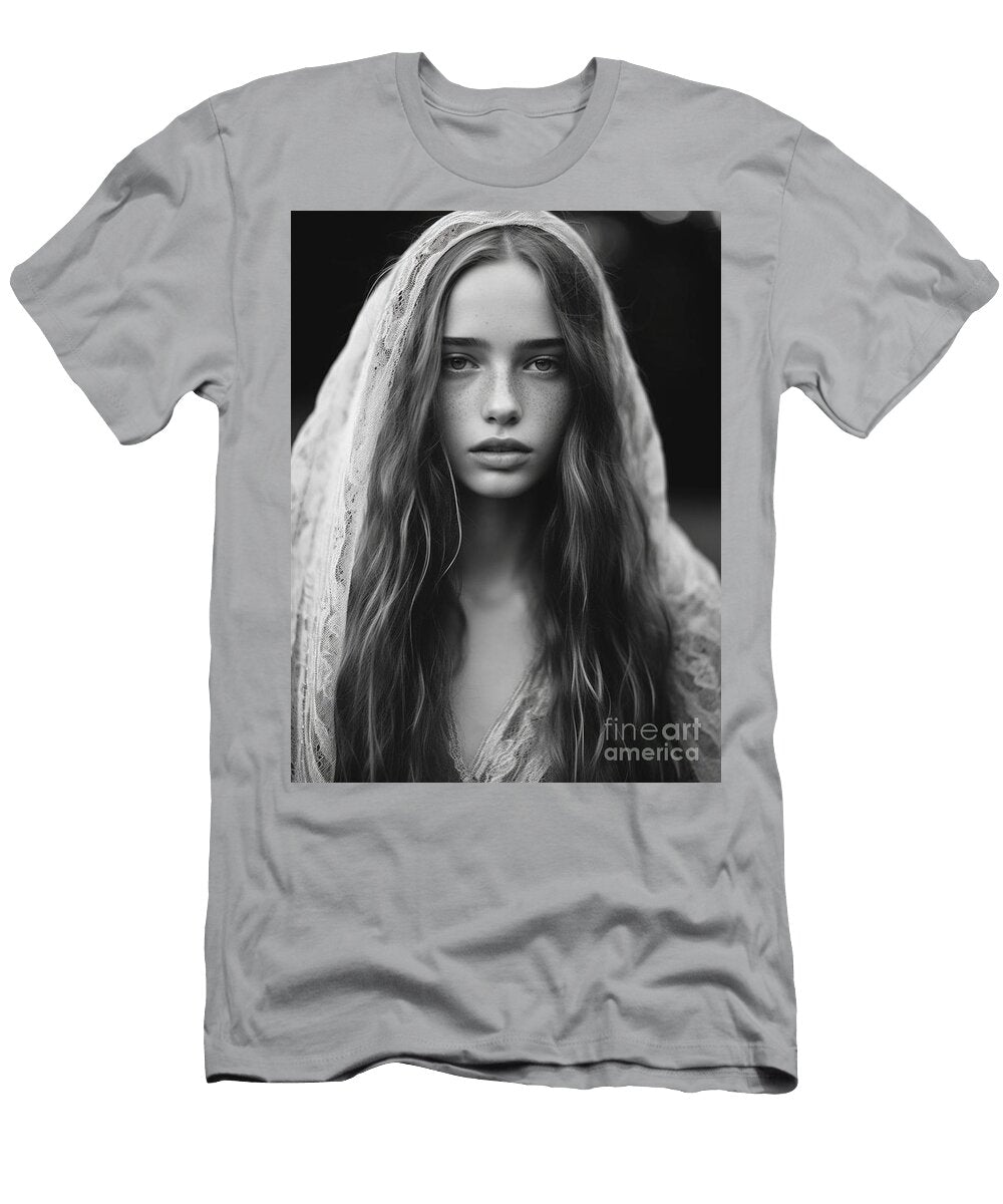 A Black and White Photo of a Woman with Long Ha Fa a Ab Abca Artistic Rifki T-Shirt