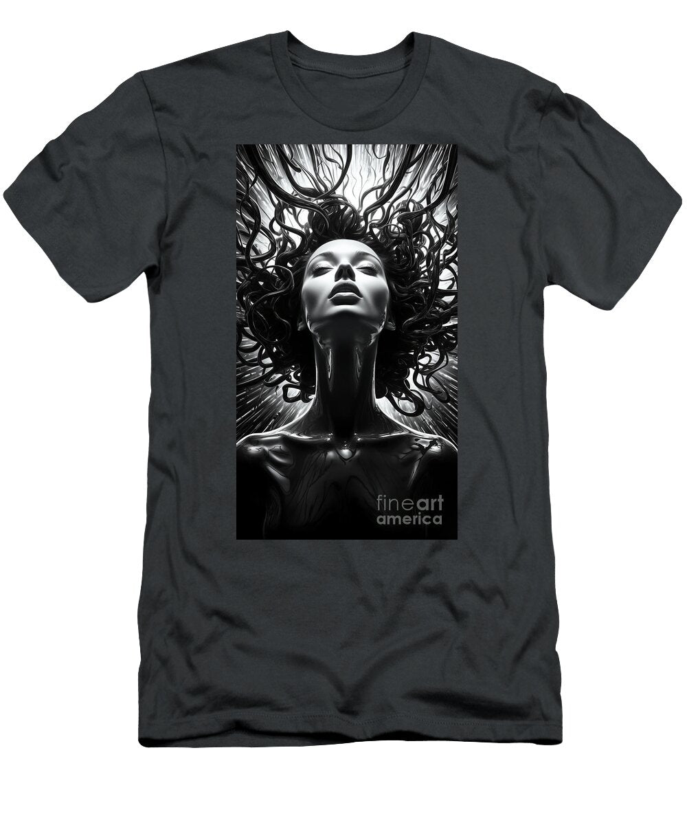 A Black and White Picture of a Woman with Her H Bef Bd F E Dbf By Asar Studios Artistic Rifki T-Shirt
