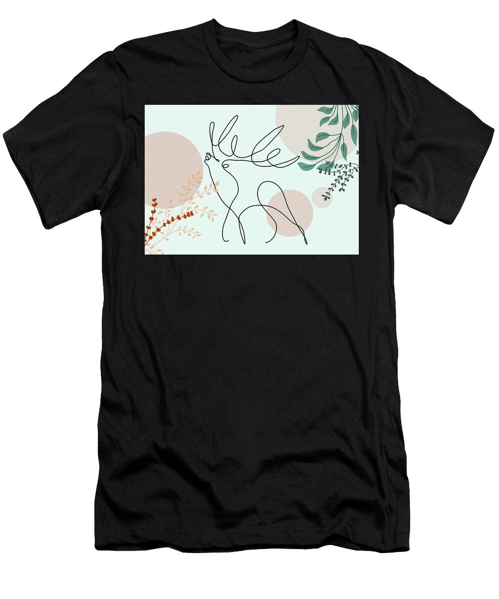 A Deer Continuous Black Line Drawing Deer Line Art Deer Leaves Abstract Shapes Mounir Khalfouf T-Shirt