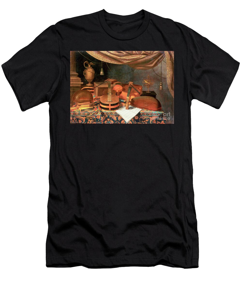 A Guitar a Cello Lutes a Musical Score and Other Books a Gilt Ewer and an Armillary Sphere on a Draped Table a Column Beyond and a Curtain Above Evaristo Baschenis T-Shirt