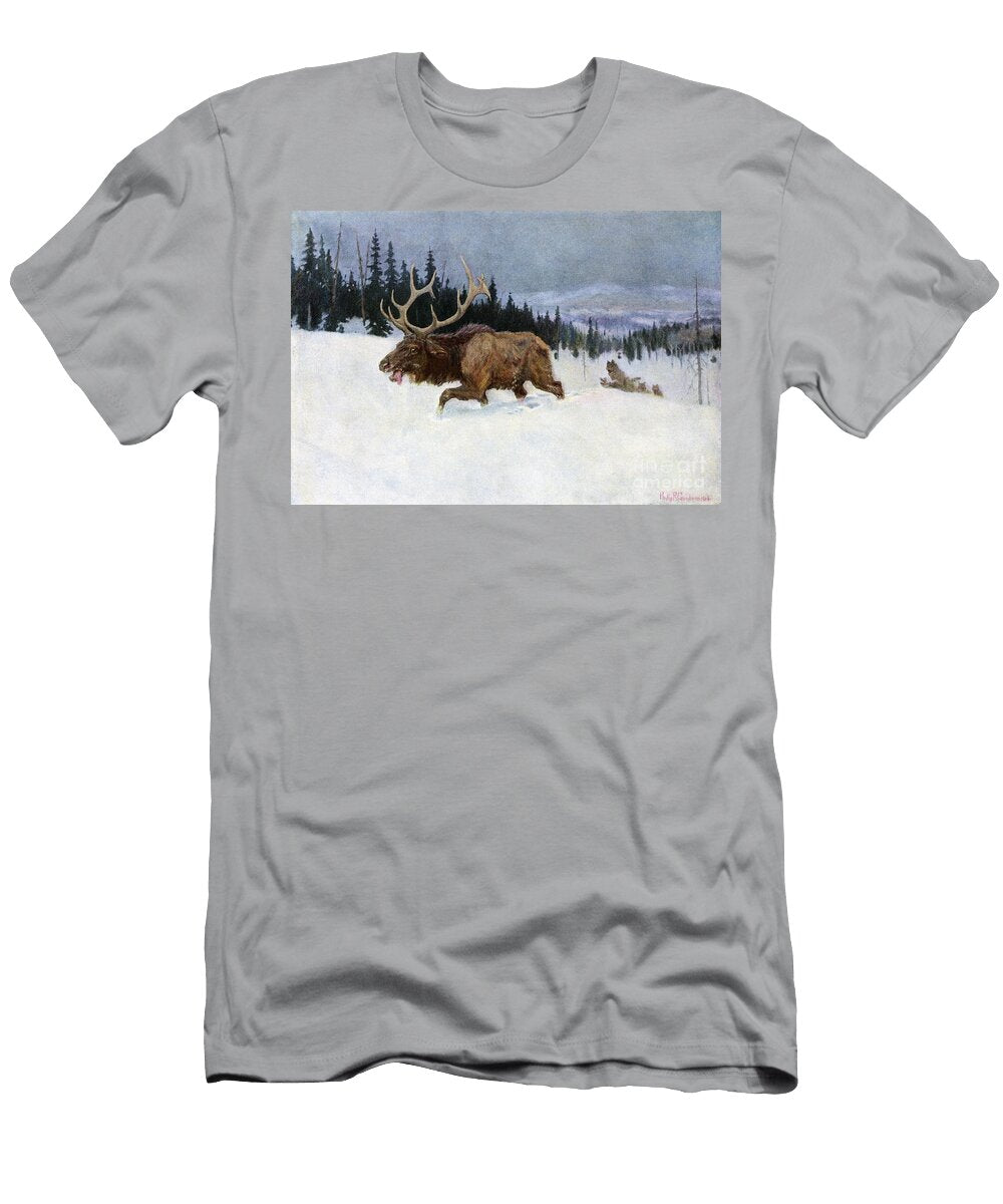 A Male Elan Pursued By a Pack of Wolves in a Snowy Landscape of North America Colour Reproduction Halftone of a Drawing By Philip Russell Goodwin 1882 1935 Early 20th Century American School T-Shirt