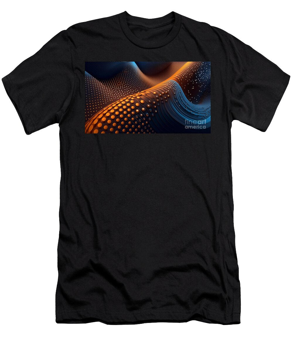 A Mesmerizing Digital Landscape Features Waves of Blue and Gold Patterns That Undulate Odon Czintos T-Shirt
