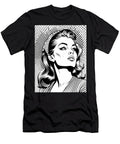 A Retro Style Illustration of a Woman with Bold Features and a C Bogan Emia T-Shirt