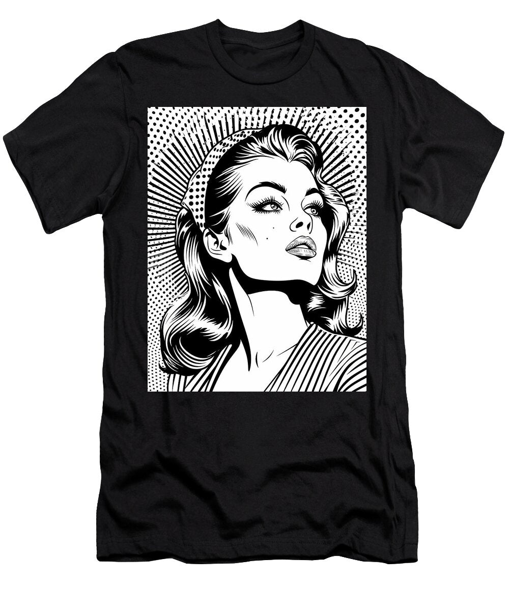 A Retro Style Illustration of a Woman with Bold Features and a C Bogan Emia T-Shirt