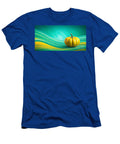 A Vibrant Yellow and Green Pumpkin Is Placed Centrally on a Wavy Textured Background Odon Czintos T-Shirt