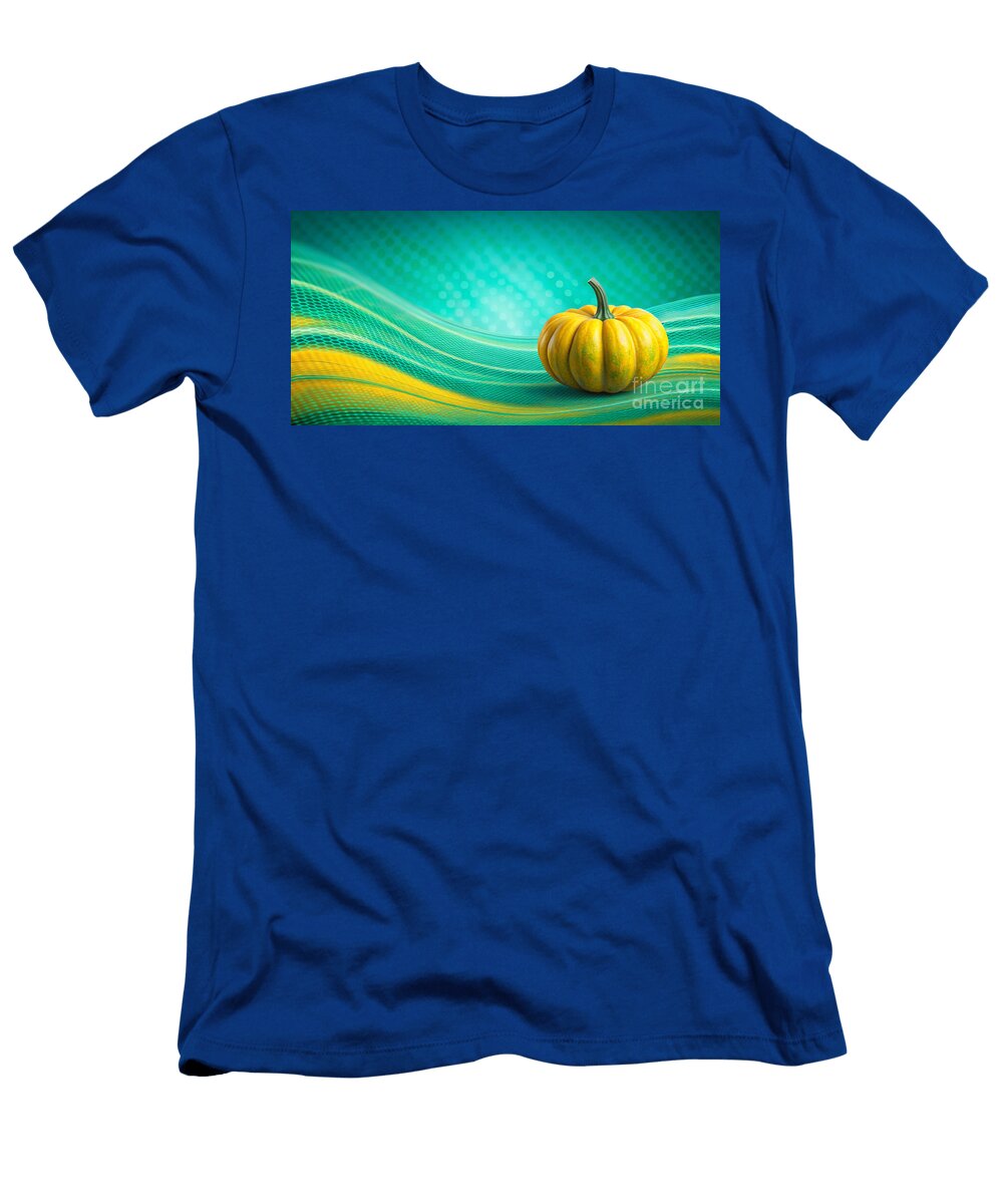 A Vibrant Yellow and Green Pumpkin Is Placed Centrally on a Wavy Textured Background Odon Czintos T-Shirt