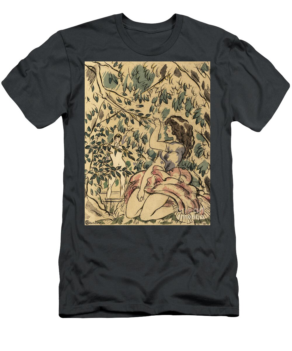 A Young Woman Watches a Naked Man Bathing in a Stream Charles Martin T-Shirt