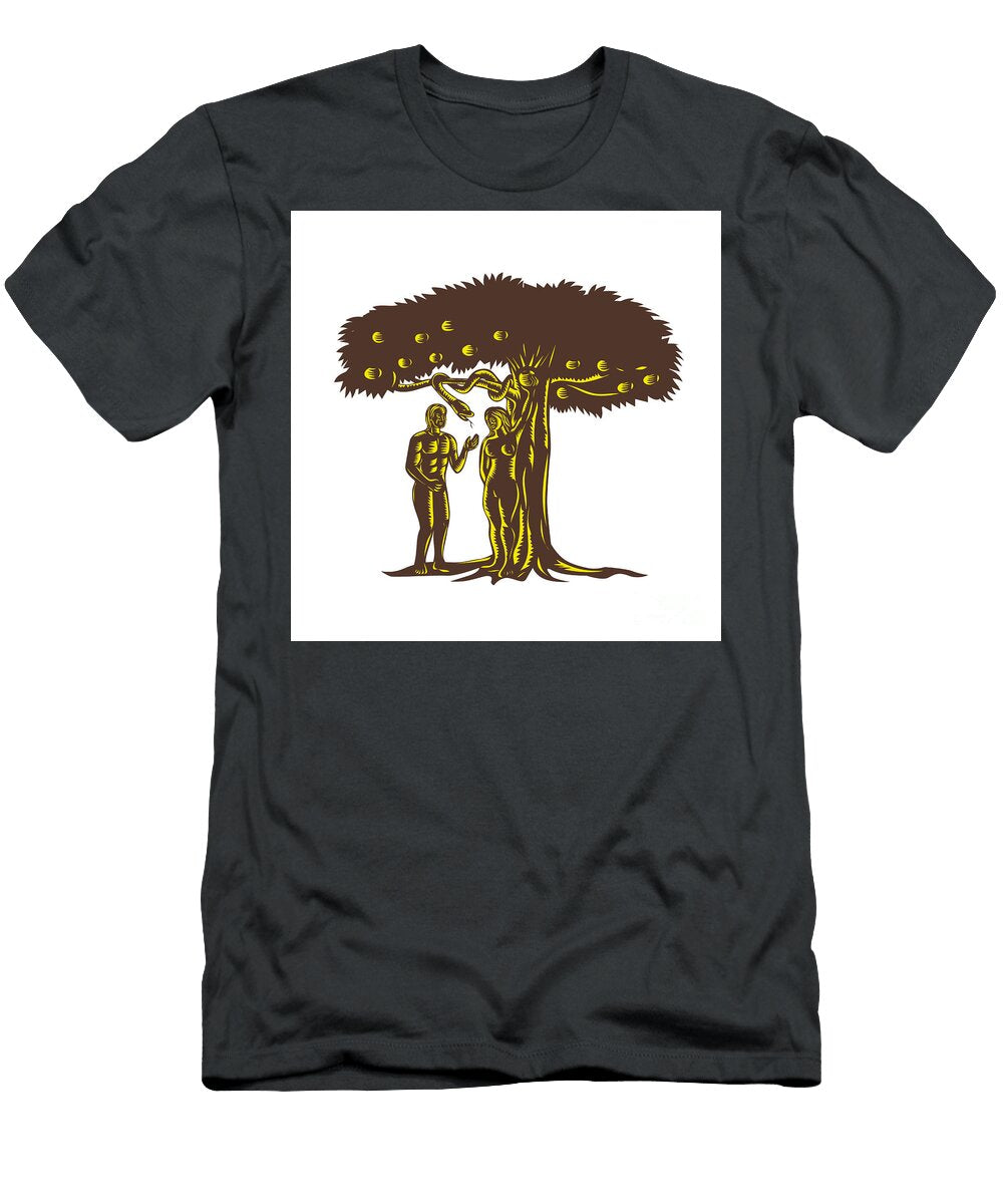 Adam and Eve Apple Serpent Woodcut Aloysius Patrimonio T-Shirt