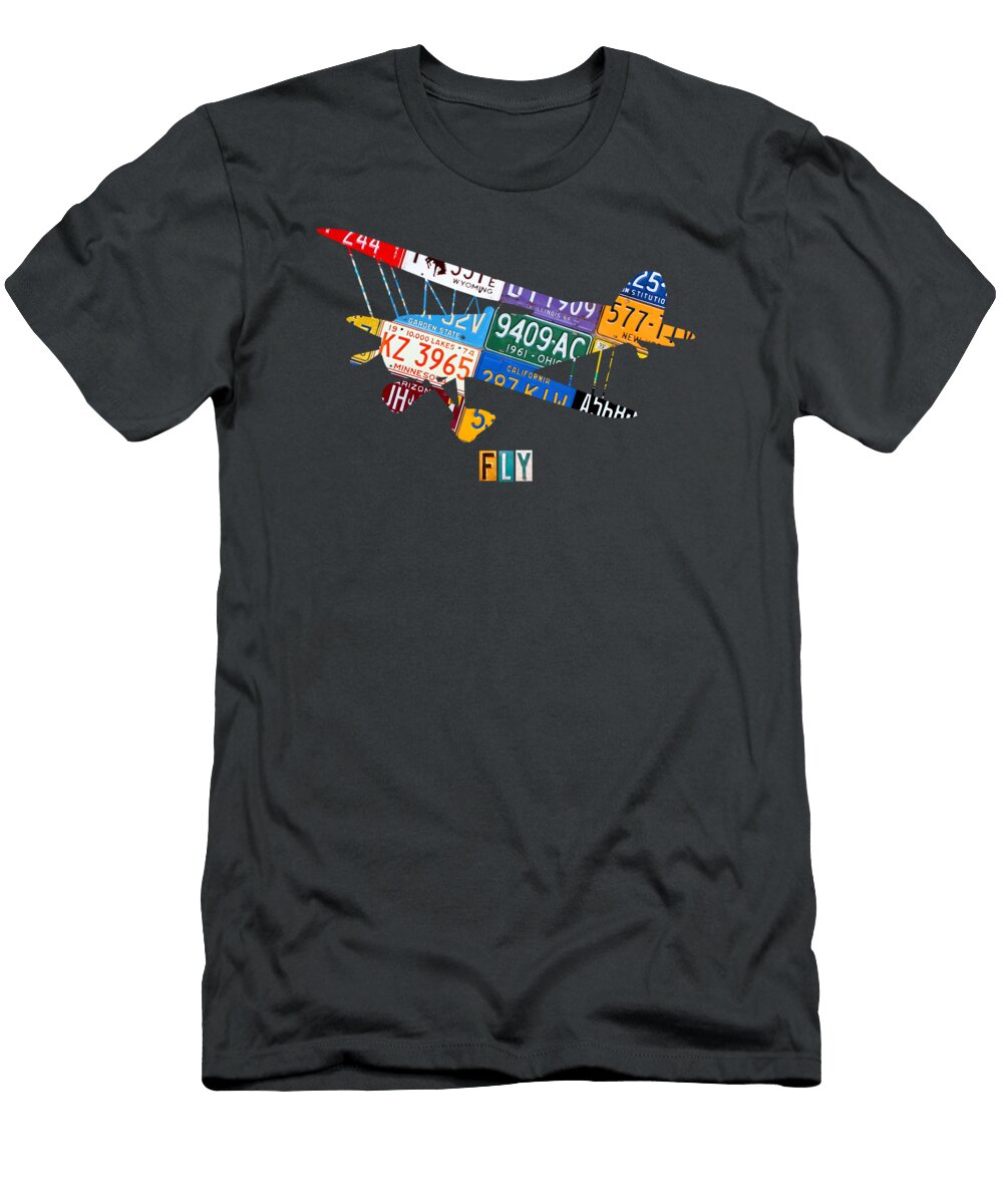 Airplane Vintage Biplane Silhouette Shape Recycled License Plate Art on Blue Barn Wood Design Turnpike T-Shirt