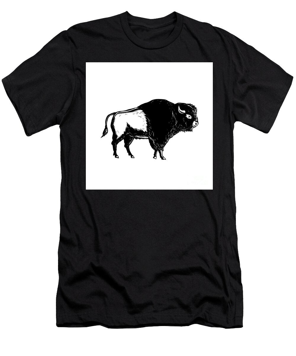 American Buffalo Side Woodcut Black and White Aloysius Patrimonio T-Shirt
