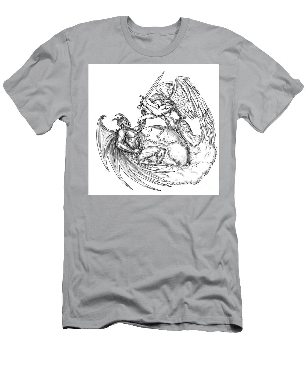 Angel Fighting Demon Over Earth World Tattoo Aloysius Patrimonio T-Shirt