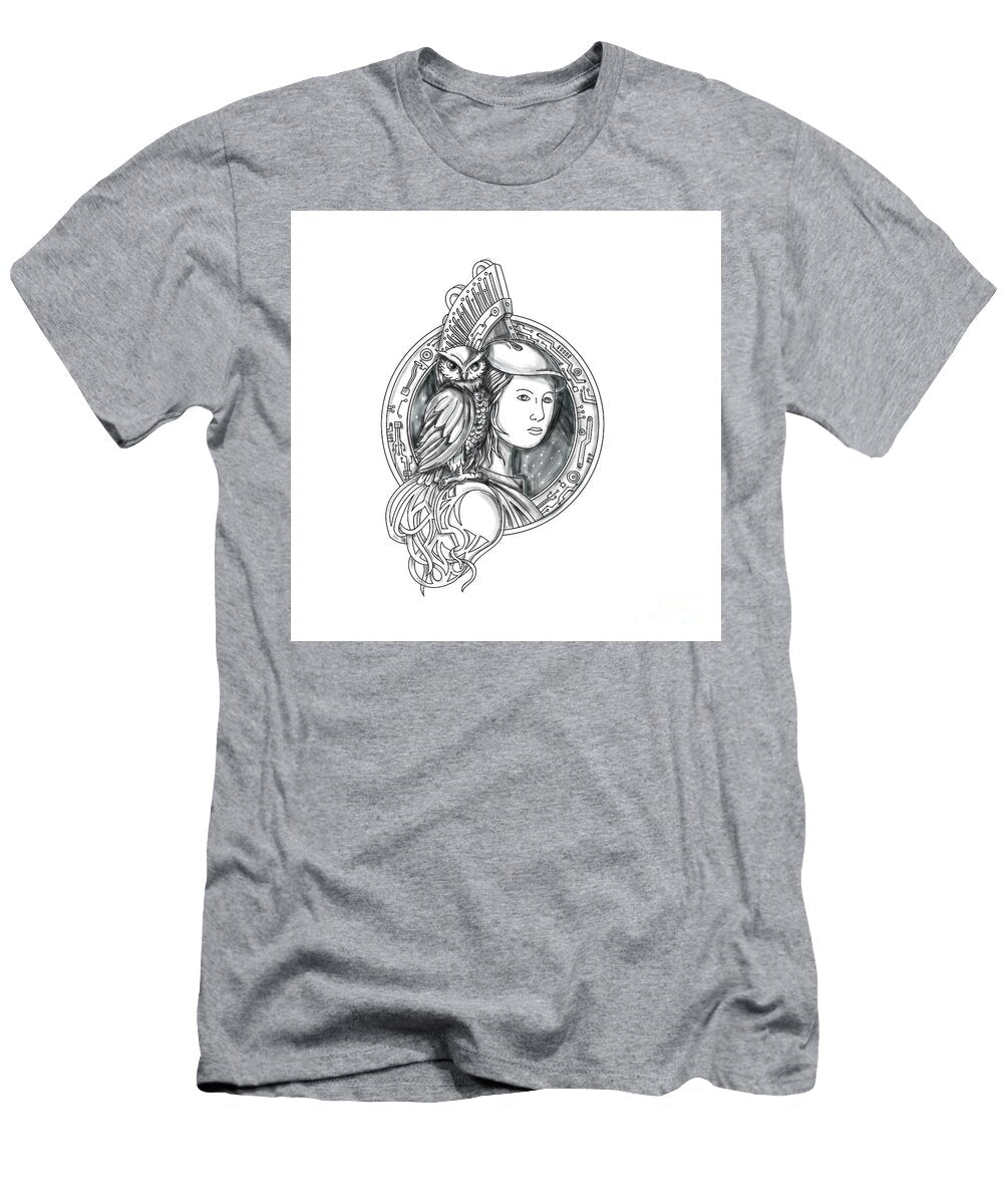 Athena with Owl on Shoulder Electronic Circuit Circle Tattoo Aloysius Patrimonio T-Shirt