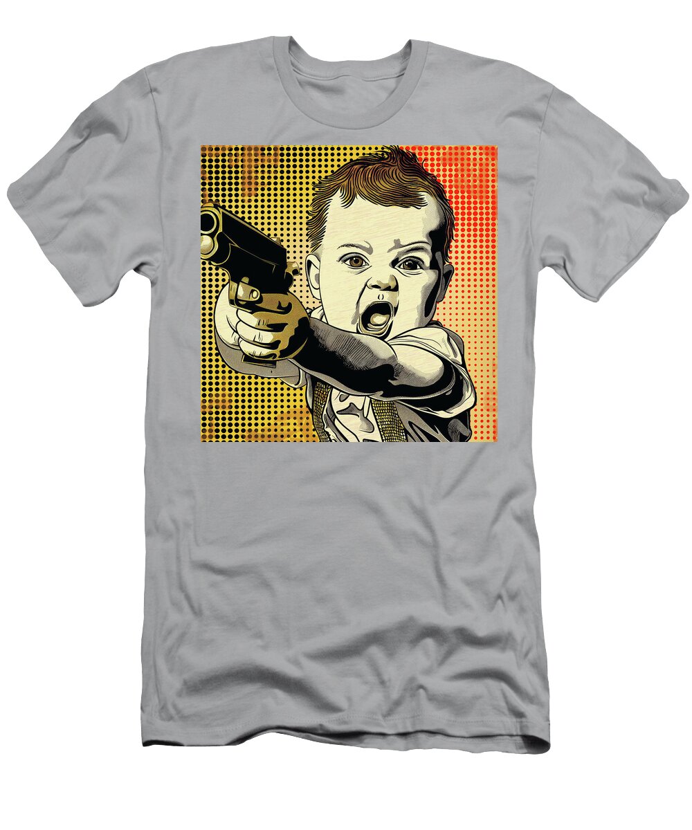 Baby with a Hand Gun Comic Book Art 80 Mad Paperairplanes T-Shirt