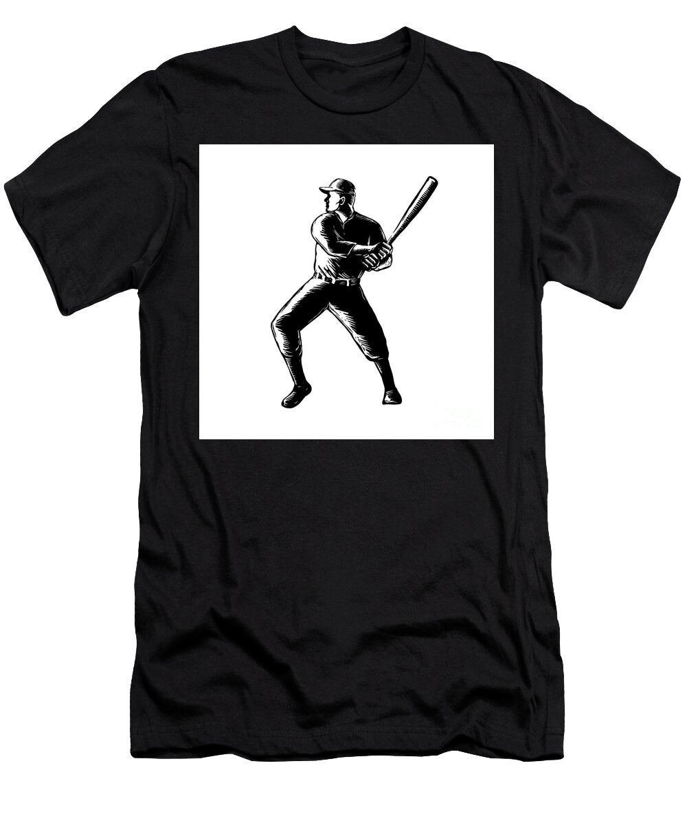 Baseball Player Batting Woodcut Black and White Aloysius Patrimonio T-Shirt