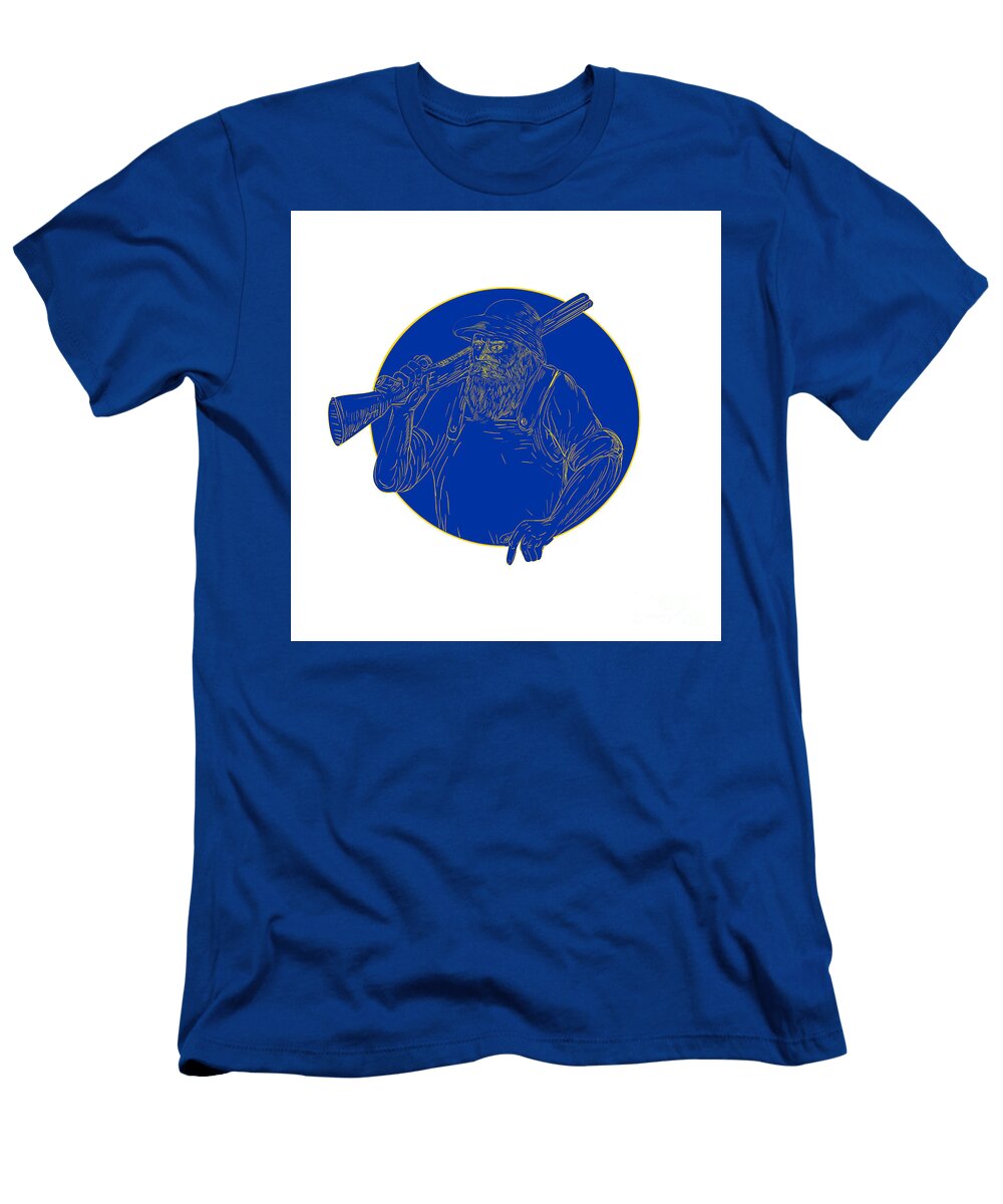 Bearded Hunter Holding Rifle Circle Woodcut Aloysius Patrimonio T-Shirt