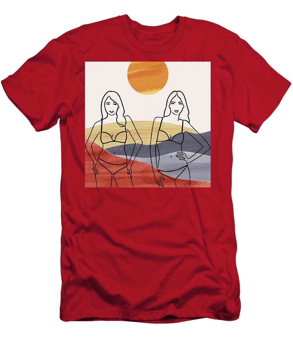 Beautiful Girls Bikini Fashion Fashion Illustration Line Art Drawing Mid Century Modern Landscape Mounir Khalfouf T-Shirt