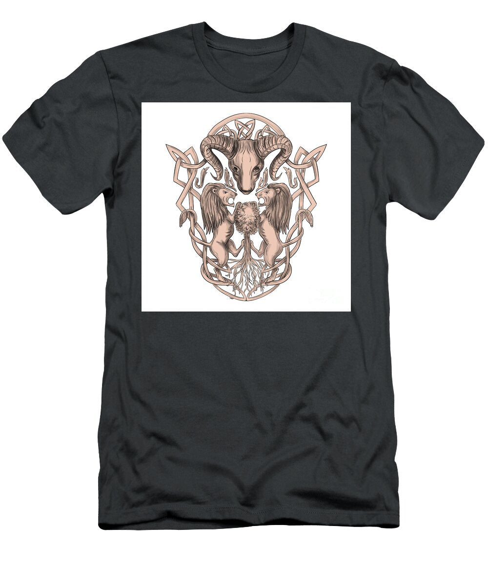 Bighorn Sheep Lion Tree Coat of Arms Celtic Knotwork Tattoo Aloysius Patrimonio T-Shirt