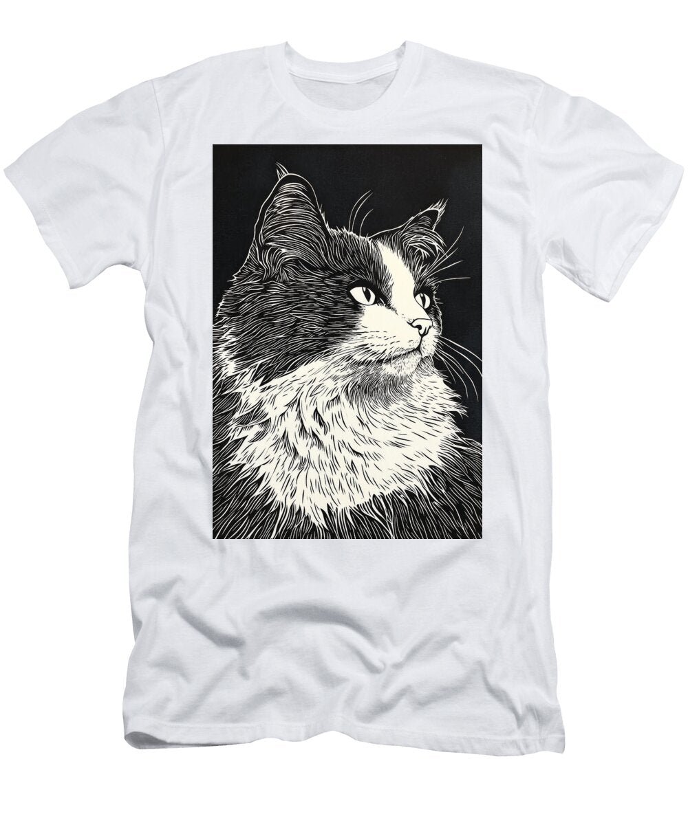 Black and White Illustration of a Fluffy Cat Smith Henry T-Shirt