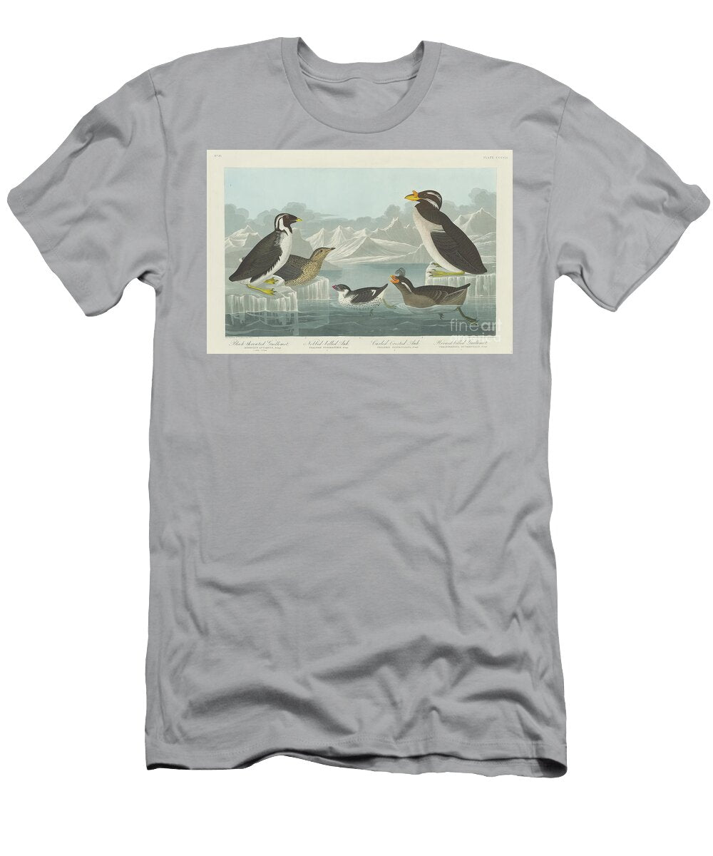 Black Throated Guillemot Nobbed Billed Auk Curled Crested Auk and Horned Billed Guillemot1838 Coloured Engraving John James Audubon T-Shirt