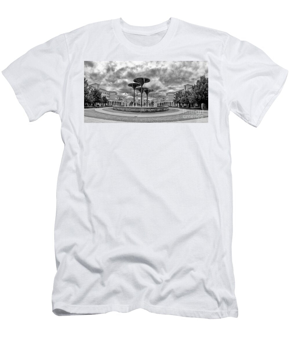 Black White Panorama of Texas Christian University Campus Commons and Frog Fountain Fort Worth Silvio Ligutti T-Shirt