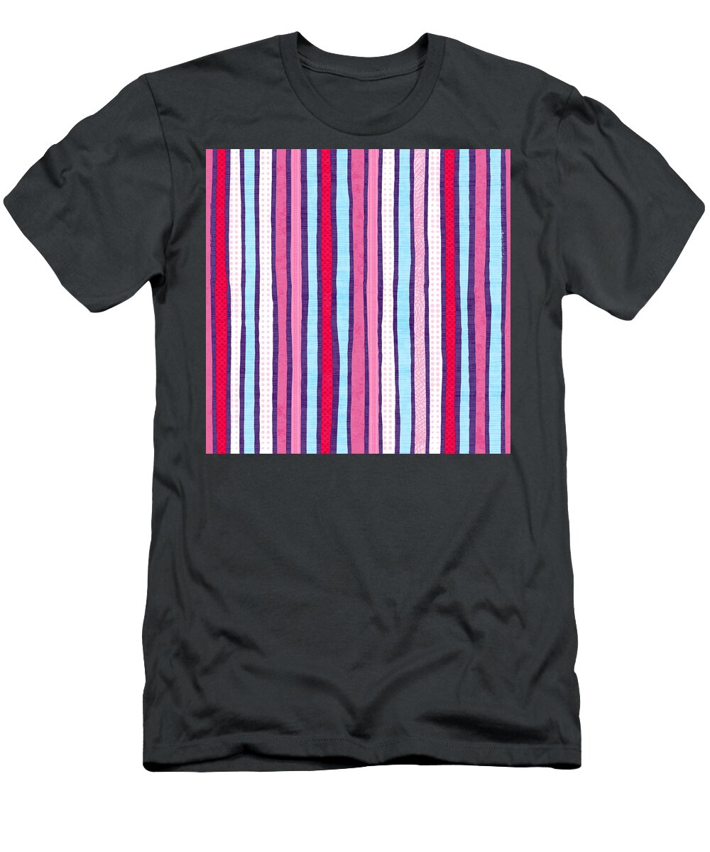 Blue Red and Pink Stripes Pattern Art By Jen Montgomery Jen Montgomery T-Shirt