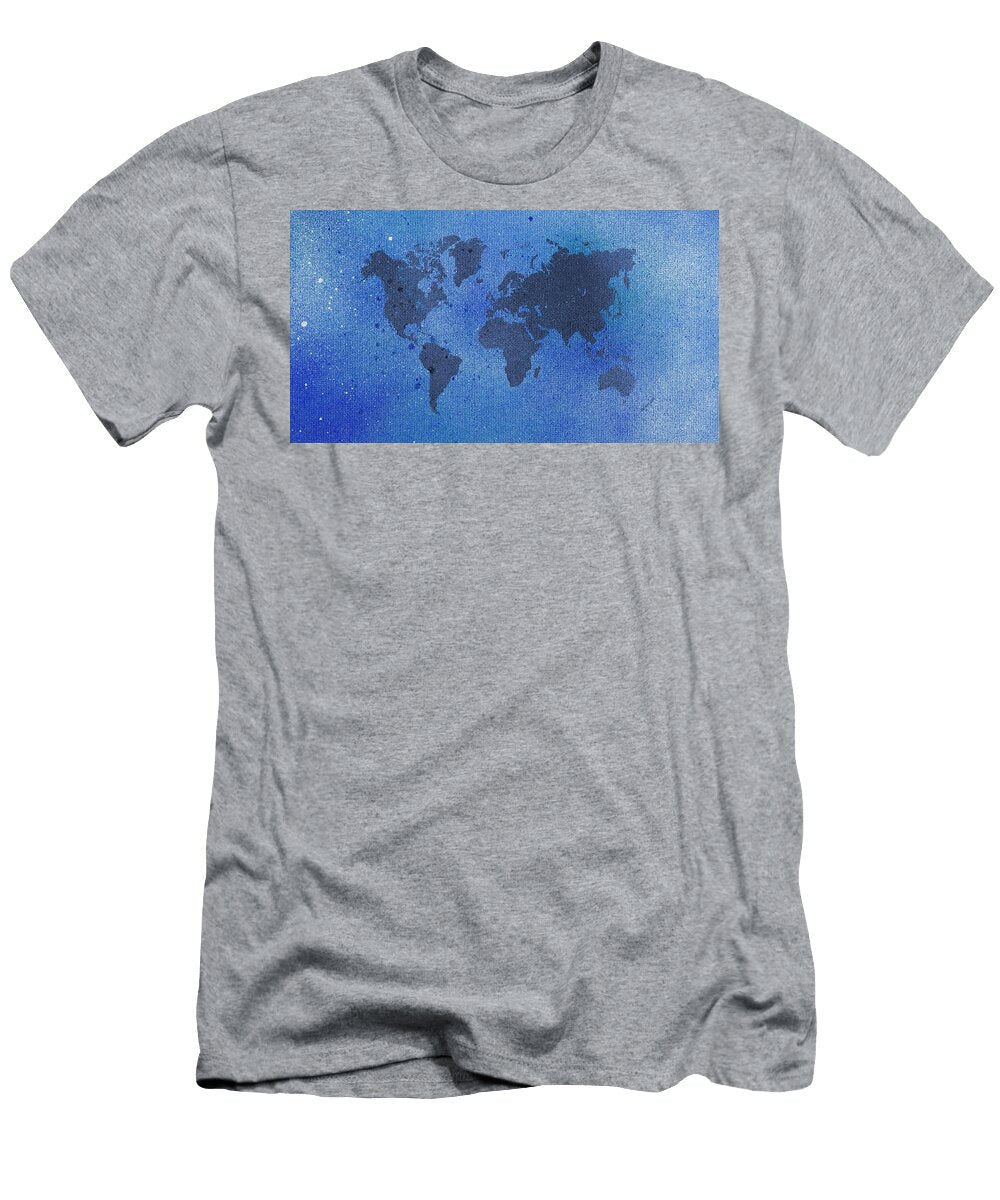Blue Spray Painting World Map Hakon Soreide T-Shirt