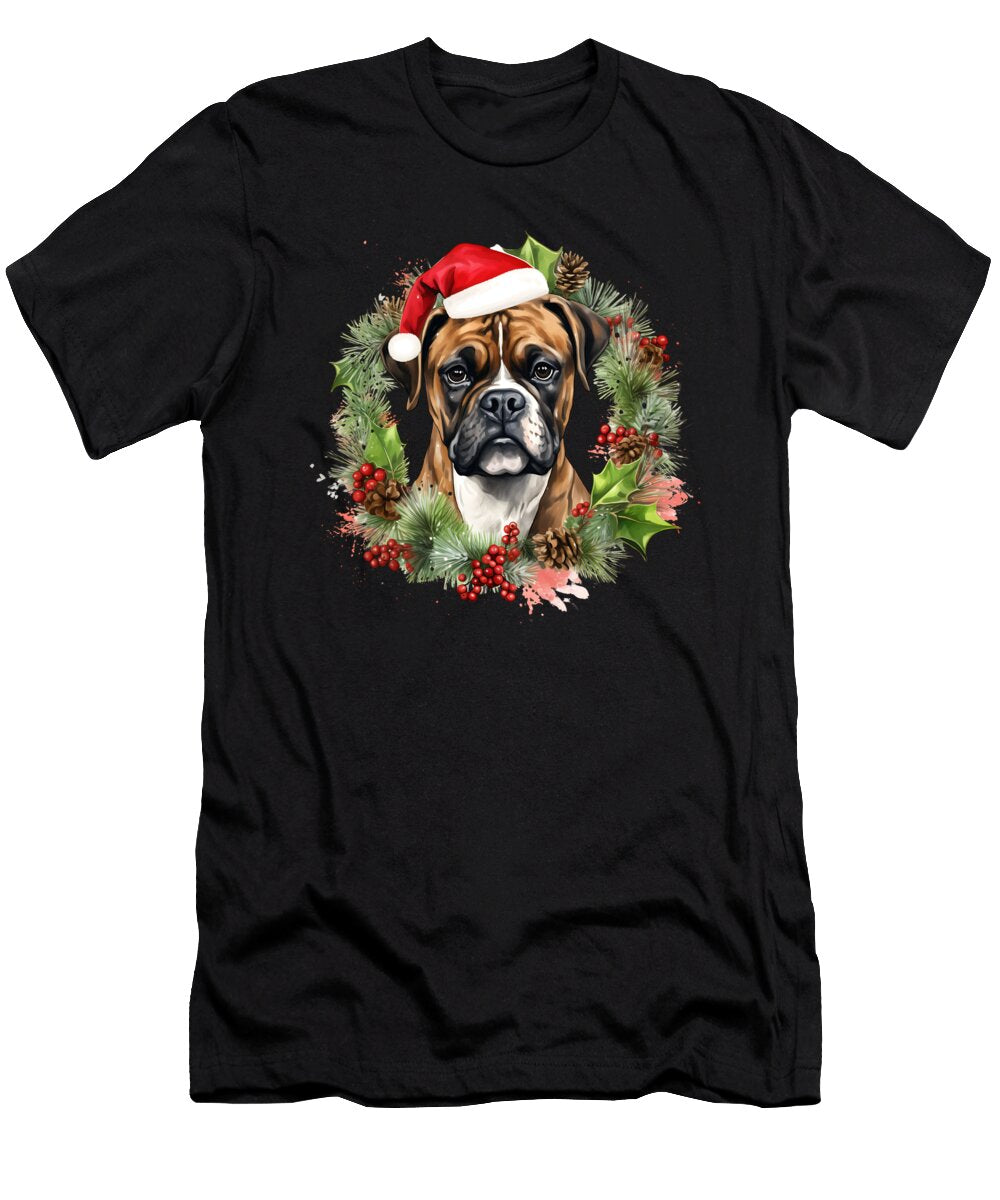 Boxer Puppy Christmas Winter Dog Wreath Red Bow Heidi Joyce T-Shirt