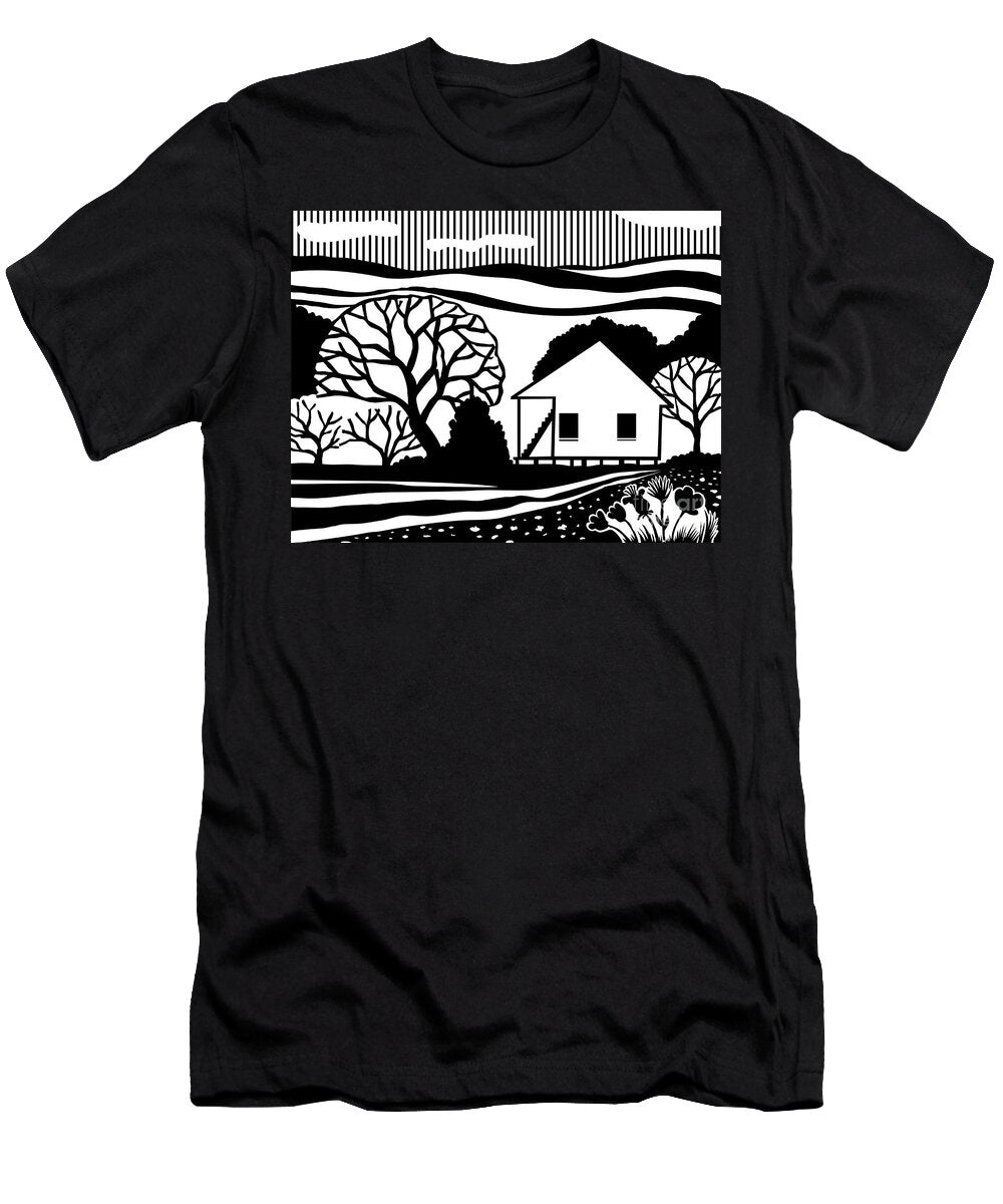 Cajun House Creole Cottage or Acadian Style Dwelling or Architecture in Black and White Retro Stencil Style Aloysius Patrimonio T-Shirt